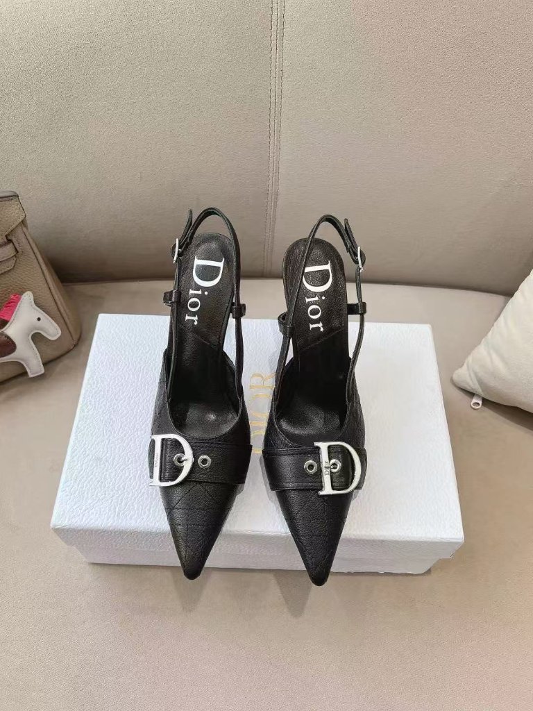 Dior Black Quilted Leather Slingback Heels Silver D Buckle Pointed Toe Pumps